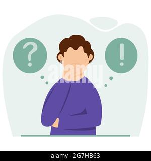 A pensive man thinks. Question. The man is trying to make the right decision. Flat vector illustration. Stock Vector