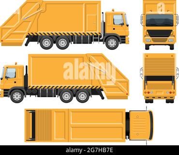 Garbage truck vector template with simple colors without gradients and effects. View from side, front, back, and top Stock Vector