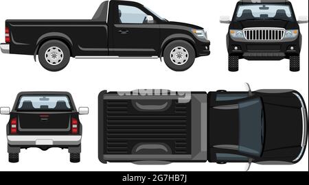 Black pickup truck vector template with simple colors without gradients and effects. View from side, front, back, and top Stock Vector