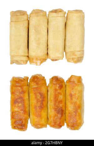 Spring rolls, from above, isolated on white background. Two rows, each of four spring rolls, unfried and crispy fried in a pan. Filled, rolled wrapper Stock Photo