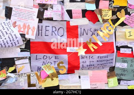 Close up of a small part of the giant Manchester United player Marcus  Rashford mural in Withington, Manchester, England, United Kingdom, that was  vandalised with abusive graffiti after England's Euro2020 football loss