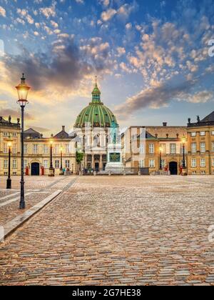 Copenhagen, Denmark - July 02, 2021: Frederik's Church known as The Marble Church and Amalienborg palace with the statue of King Frederick V. Amalienb Stock Photo