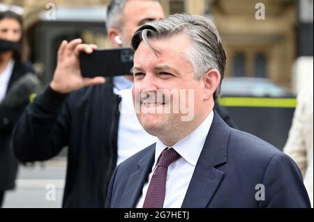 Westminster, London, 14/07/2021, Jonathan Ashworth MP Shadow of State for Health and Social Care addressed a protest calling for the Health and Social Care Bill to be scrapped.Opposite the Houses of Parliament, Westminster. UK Stock Photo