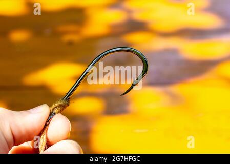 A man's hand holds a large fishing hook. Fishing gear Stock Photo - Alamy