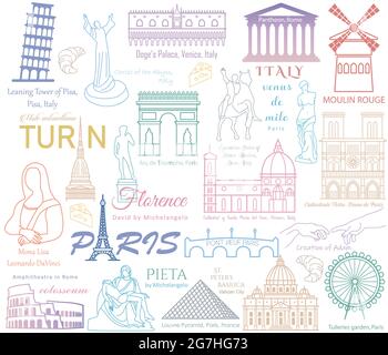 Seamless background with famous sightseeing landmarks sculpture and art in Italy and France Stock Vector