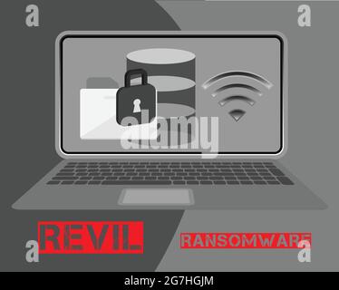 Revil is a type of ransomware that using as a services in attacking unsuspected victim. Cyber security concept. Stock Vector