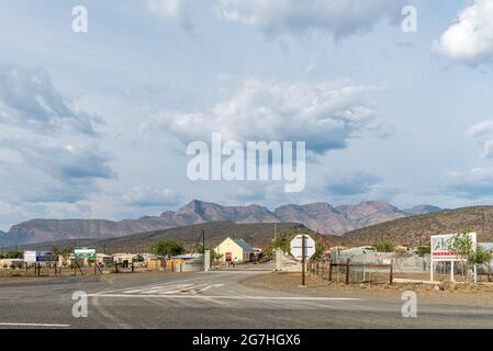 KLAARSTROOM, SOUTH AFRICA - APRIL 21, 2021: Entrance to Klaarstroom in the Western Cape Province. The Swartberg Mountains are visible Stock Photo