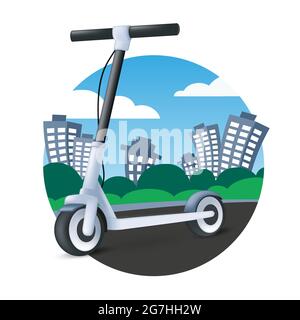 Electric kick scooter riding on cityscape background. Modern vehicle icon. 3D cartoon vector illustration of an eco transport Stock Vector