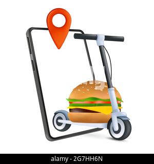 Fast food home delivery concept with an electric kick scooter, phone and classic burger. A modern way of delivering. 3d icon. Cartoon vector illustrat Stock Vector