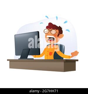 Shouting and irritated businessman character at the desk behind the monitor. Vector illustration of a cartoon freelancer or employee in eyeglasses wit Stock Vector