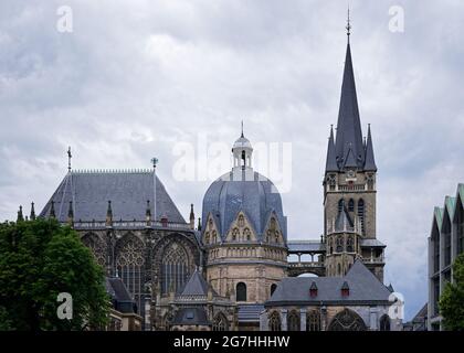 the aachen cathedral against an overcast sky Stock Photo