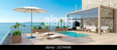 3D illustration of luxury contemporary outdoor wooden patio with swimming pool and sea view. Deck chairs with umbrella and fruit cocktails next to poo Stock Photo