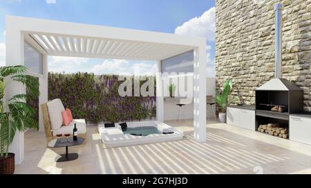 3D illustration of white outdoor bioclimatic pergola on urban patio ...