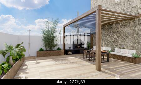 3D render of urban terrace with natural plants and teak wood flooring ...