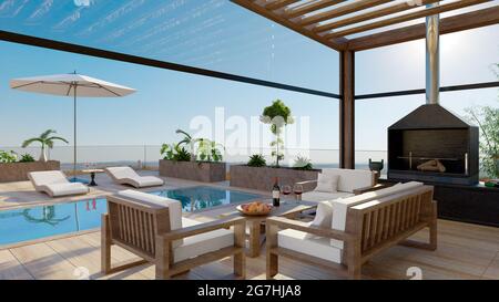 3D illustration of luxury outdoor terrace with swimming pool and barbecue. Bioclimatic pergola with couch and deck chairs and open view. Stock Photo