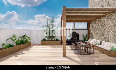 3D render of urban terrace with natural plants and teak wood flooring ...