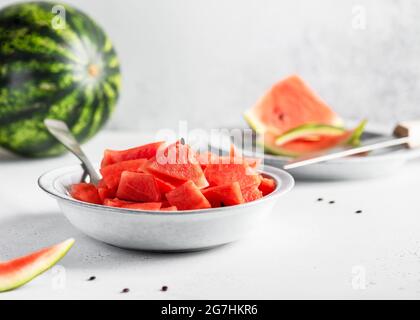 Bowl of watermelon cube fruit slice Fresh chopped and chunks fruits. Healthy food ingredients. Copy space. Stock Photo