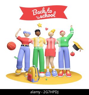 Back to school - colorful 3D style illustration with place for your text. Cartoon characters. Cheerful boys and girls, a team of friends is ready to l Stock Photo