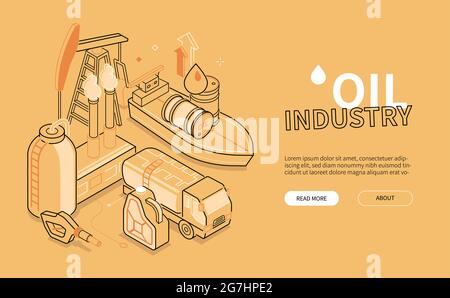 Oil industry - orange line design style isometric web banner. Procession and marketing of petroleum products. Barrels, pump, plant, canister, tank, ta Stock Vector