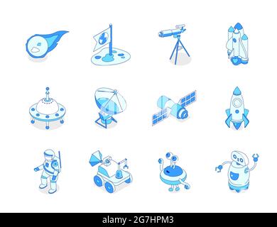 Space exploration - modern line isometric icons set on white background. Galaxy, astronomy idea. Meteorite, telescope, shuttle, ufo, rocket, satellite Stock Vector