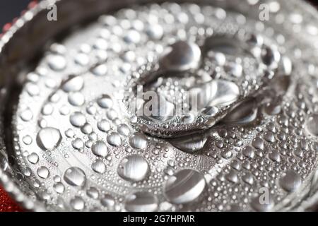 Close-up of a can of soda on a table. Stock Photo