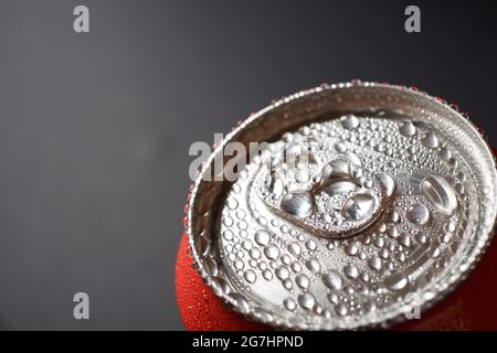 Close-up of a can of soda on a table. Stock Photo