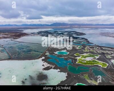 Aerial view of Dachaidan Jade Lake, a salt lake located in Qinghai Province, China. Stock Photo