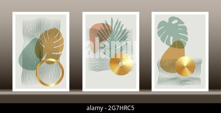 Abstract geometric, natural shapes poster set in mid century style. Modern illustration: tropical palm leaf, geo elements for minimalist print, poster Stock Vector