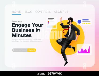 Businessman analyst flies around statistical data. Landing page template. Vector illustration Stock Vector