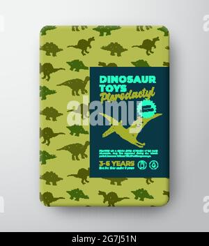 Dinosaur Toys Label Template. Abstract Vector Packaging Design Layout. Hand Drawn Pterodactyl Sketch with Ancient Reptile Creatures Pattern Background Stock Vector