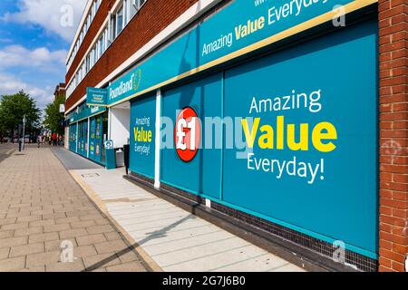 Felixstowe Suffolk UK May 27 2021: Exterior view of the discount and bargain retailer Poundland in Felixstowe town centre Stock Photo