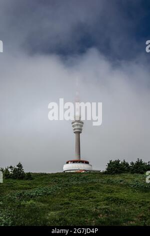 Television transmitter tower with observation platform on the peak of Praded,Jeseniky mountains,Czech republic.Views of picturesque countryside Stock Photo