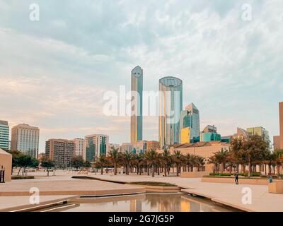 Incredible view of Abu Dhabi city skyline and famous towers | Corniche skyscrapers and downtown Stock Photo