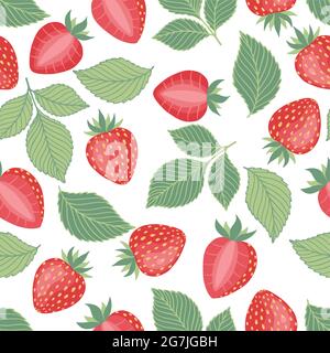 Strawberries pattern, colorful seamless vector pattern with hand drawn summer berries, pink and red fruit, good as fabric print, colored cartoon Stock Vector