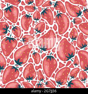Strawberries pattern, colorful seamless vector pattern with hand drawn summer berries, pink and red fruit, good as fabric print, colored cartoon Stock Vector
