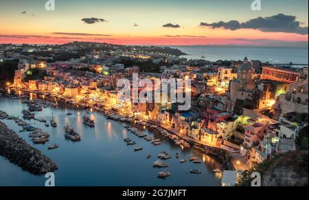 Corricella village on Procida island at night,  Italy Stock Photo