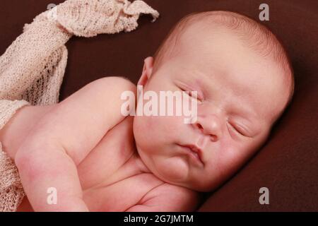 newborn baby boy relaxing, asleep on a blanket Stock Photo