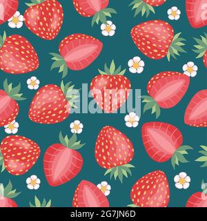 Strawberries pattern, colorful seamless vector pattern with hand drawn summer berries, pink and red fruit, good as fabric print, colored cartoon Stock Vector