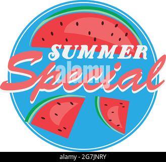 round blue SUMMER SPECIAL sticker or sign with slices of watermelon, vector illustration Stock Vector