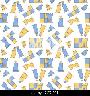 seamless pattern with blue and yellow stylized chess pieces and cells of chess battlefield vector background Stock Vector