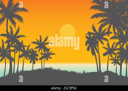 tropical beach natural scenery vector, ocean and palm trees sunset background Stock Vector