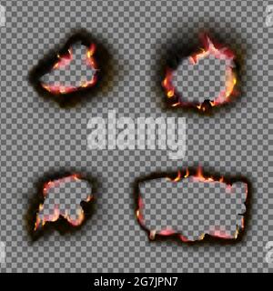 Realistic Burnt holes in paper with fire and black ash. Stock Vector