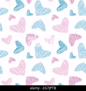 Seamless pattern with hand drawn shaded with marker pink and blue hearts, kids textile, cover, background, childish fabric vector illustration Stock Vector