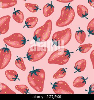 Strawberries pattern, colorful seamless vector pattern with hand drawn summer berries, pink and red fruit, good as fabric print, colored cartoon Stock Vector