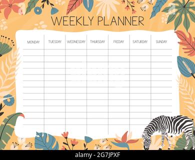 Tropical weekly planner concept. with hand drawn illustrations. Stock Vector