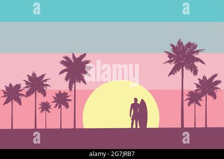 silhouette of man with surfboard at sunset on tropical beach Stock Vector