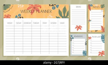 Tropical weekly planner and paper notes set concept. with hand drawn illustrations. Stock Vector