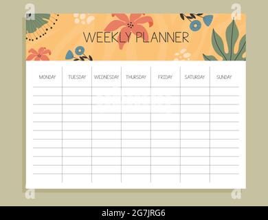 Tropical weekly planner concept. with hand drawn illustrations. Stock Vector