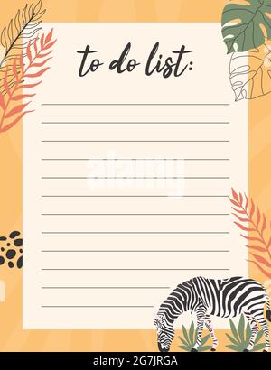 To do list notes concept. with zebra and tropical hand drawn illustrations. Stock Vector