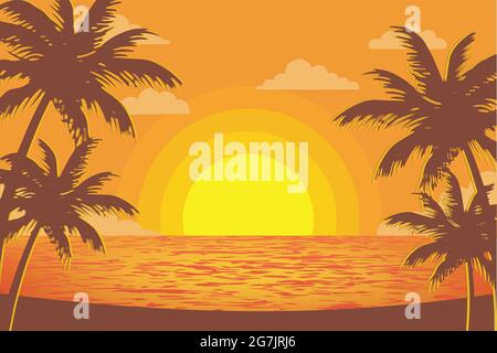 palm tree silhouette sunset view on tropical beach at dusk Stock Vector